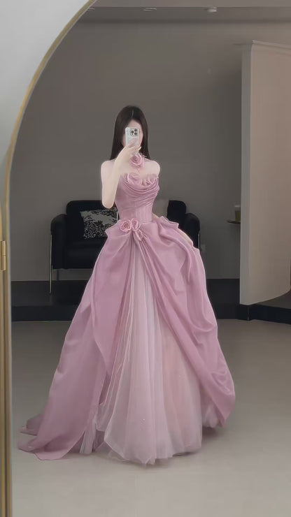 Pretty Ball Gown Strapless Pink Floor Length Tulle Flowers Prom Dresses Formal Dress Birthday Outfits Prom Gown AU005