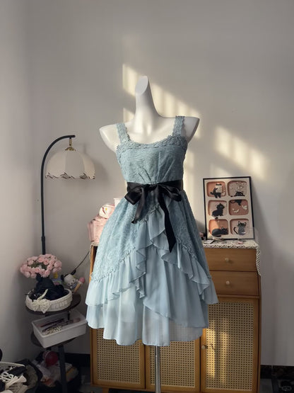 Vintage A Line Square Blue Chiffon With Lace 16th Birthday Homecoming Dress Graduation Outfits RB6799