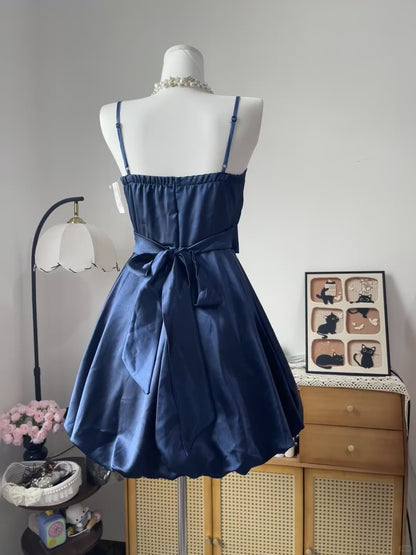 Vintage Ball Gown Spaghetti Strap Navy Blue Satin 16th Birthday Homecoming Dress Graduation Outfit RB6791