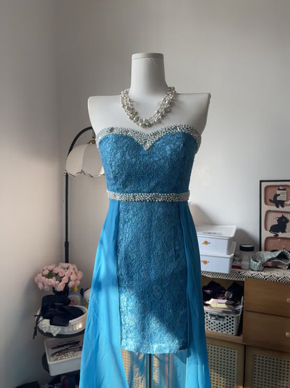 Vintage Sheath Sweetheart Blue Lace With Beading 16th Birthday Homecoming Dress Graduation Outfits RB6797