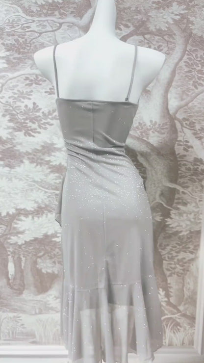 Stunning Silver Spaghetti Straps Sheath Glitter Chiffon Short Prom Dresses Pool Party Dress RF0975
