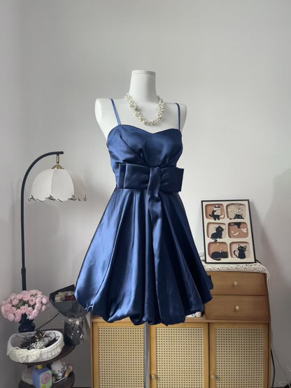 Vintage Ball Gown Spaghetti Strap Navy Blue Satin 16th Birthday Homecoming Dress Graduation Outfit RB6791