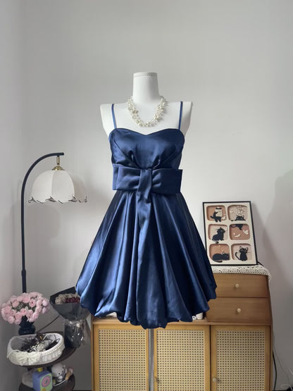 Vintage Ball Gown Spaghetti Strap Navy Blue Satin 16th Birthday Homecoming Dress Graduation Outfit RB6791