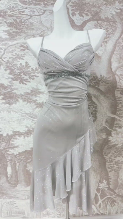 Stunning Silver Spaghetti Straps Sheath Glitter Chiffon Short Prom Dresses Pool Party Dress RF0975
