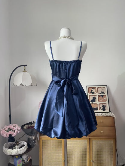 Vintage Ball Gown Spaghetti Strap Navy Blue Satin 16th Birthday Homecoming Dress Graduation Outfit RB6791