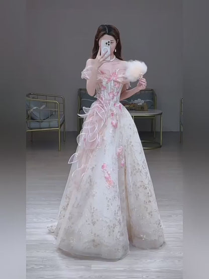 Princess Ball Gown Off The Shoulder Tulle Pink Prom Dresses Inspiration Long Party Night Gowns 20th Birthday Outfits AB2236