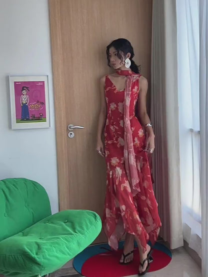 Vintage 1950s Mermaid V Neck Floral Chiffon With Scarf Prom Dresses Inspiration Long Party Evening Dress 18th Birthday Outfits AB2378