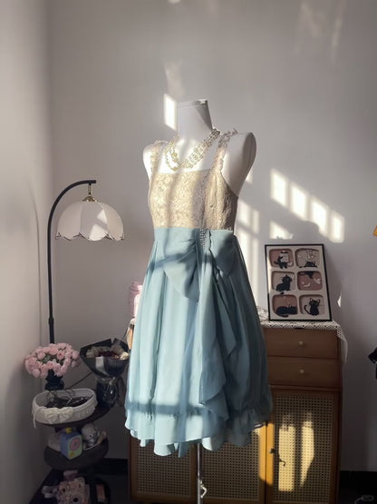 Vintage A Line Square Neck Blue With Lace 16th Birthday Homecoming Dress Graduation Outfits RB6802