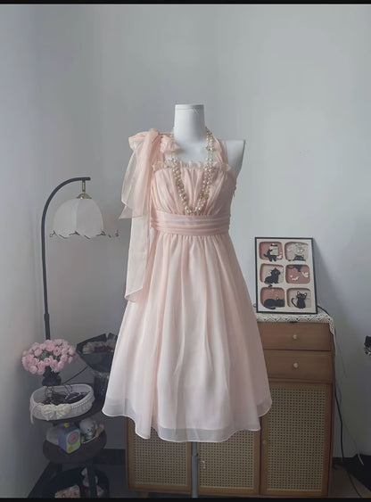 Vintage A Line Halter Pink Chiffon With Bow 16th Birthday Homecoming Dress Graduation Outfits RB6803