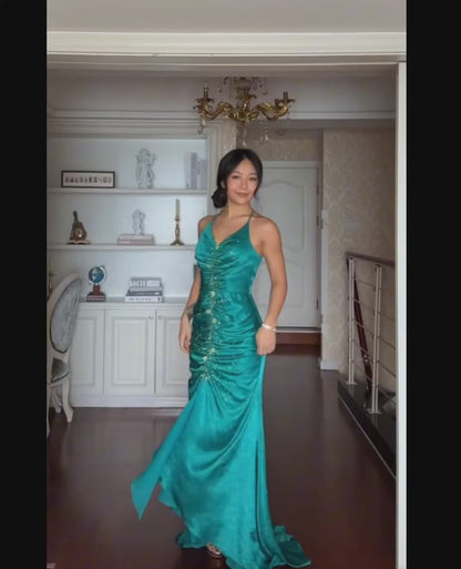 Retro Prom Dresses Mermaid Halter Green With Gold Beaded 70s Pleated Vintage Fashion Long Prom Dresses Party Gowns AU041