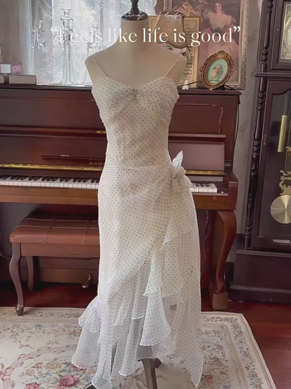 Vintage 70s Mermaid Spaghetti Straps Black Polka Dots Prom Dresses Inspiration Long Party Evening Dress 18th Birthday Outfits AB2381