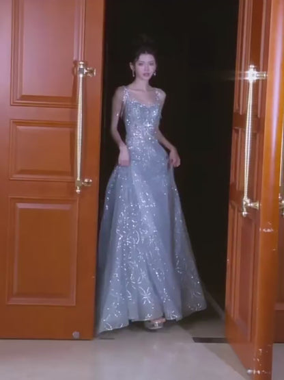 Beautiful Ball Gown Square Neck Blue Long Sequin Prom Dresses Party Dress 16th Birthday Outfits Graduation Dress AB2242