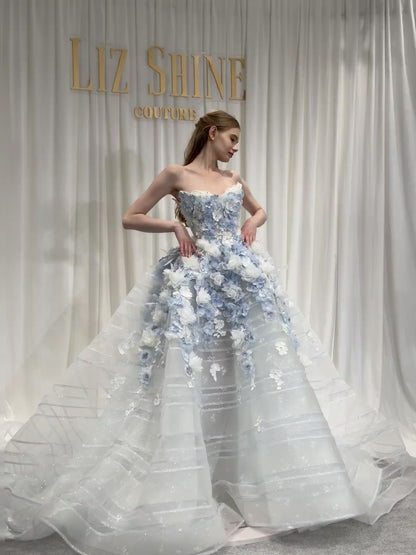 Fairytale White Tulle Strapless A-Line 3D Applique Trailing Wedding Dress RF0656
