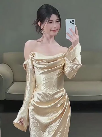 Unique Mermaid Off The Shoulder Gold Long Sleeves Prom Dresses Inspiration Party Night Gowns 20th Birthday Outfits AB2254