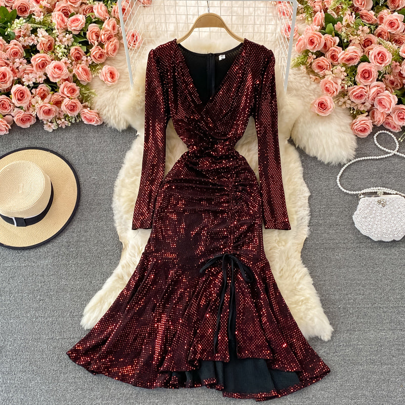 Cute V Neck Sequins Long Sleeve Dress Fashion Dress RF0365