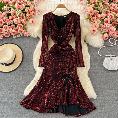 Cute V Neck Sequins Long Sleeve Dress Fashion Dress RF0365