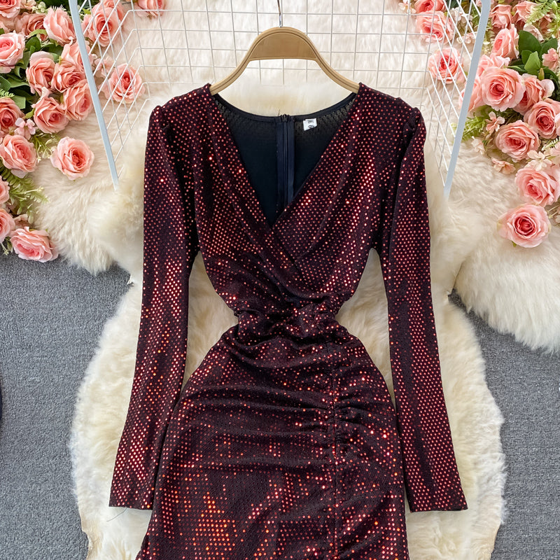Cute V Neck Sequins Long Sleeve Dress Fashion Dress RF0365