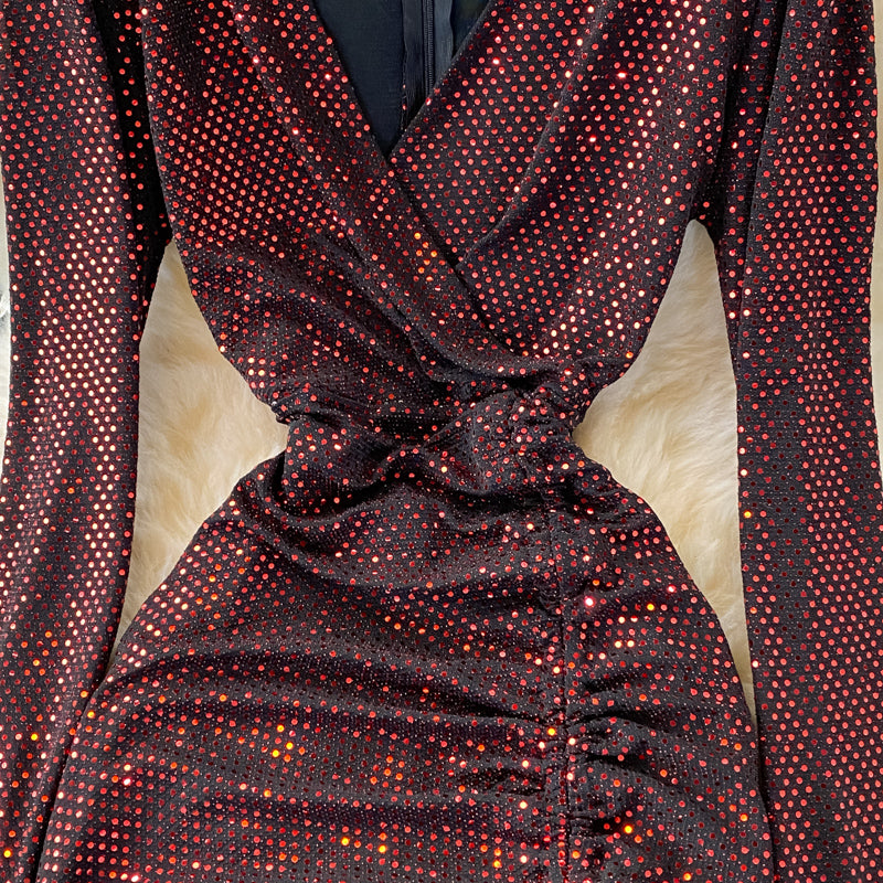 Cute V Neck Sequins Long Sleeve Dress Fashion Dress RF0365