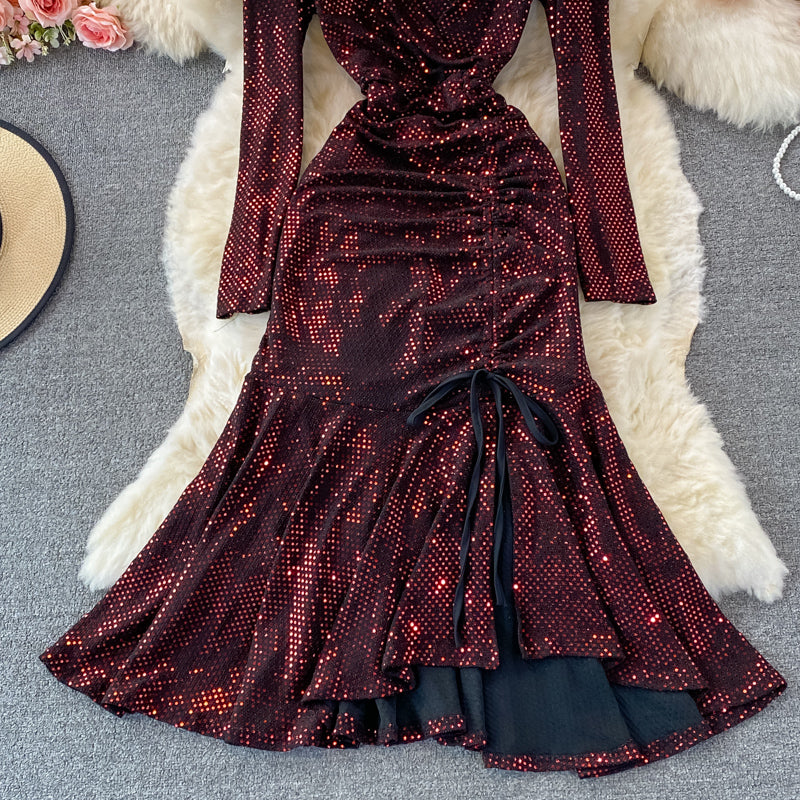 Cute V Neck Sequins Long Sleeve Dress Fashion Dress RF0365