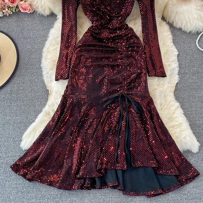 Cute V Neck Sequins Long Sleeve Dress Fashion Dress RF0365
