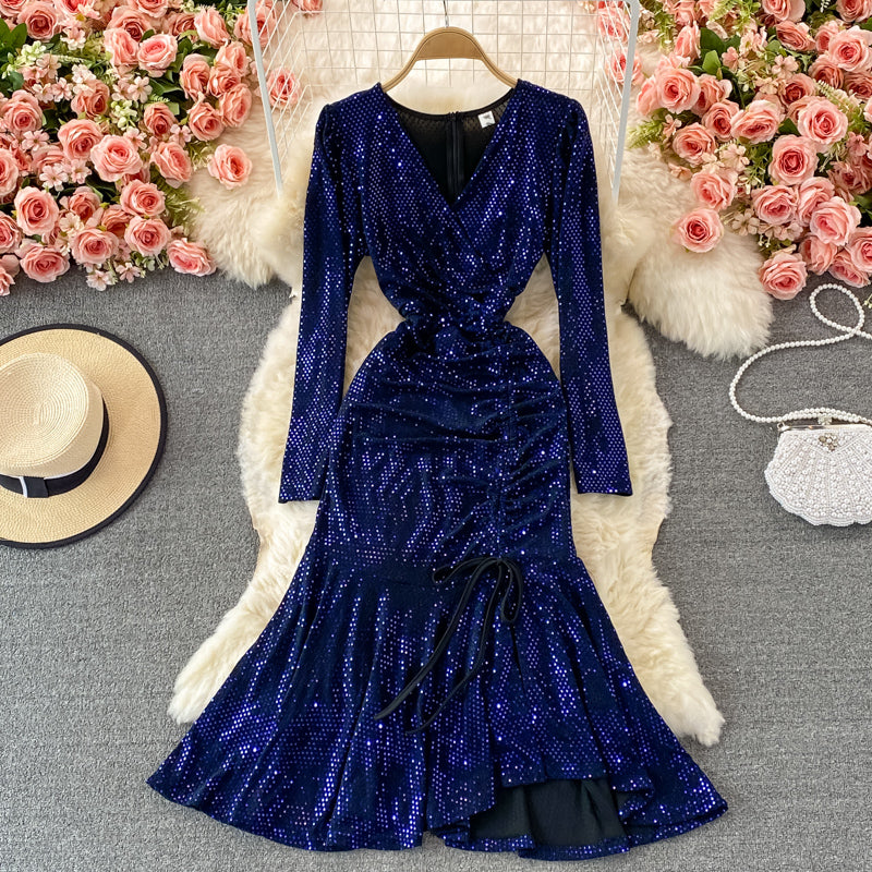 Cute V Neck Sequins Long Sleeve Dress Fashion Dress RF0365