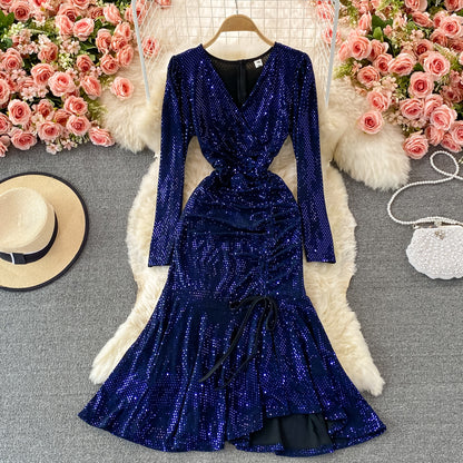 Cute V Neck Sequins Long Sleeve Dress Fashion Dress RF0365