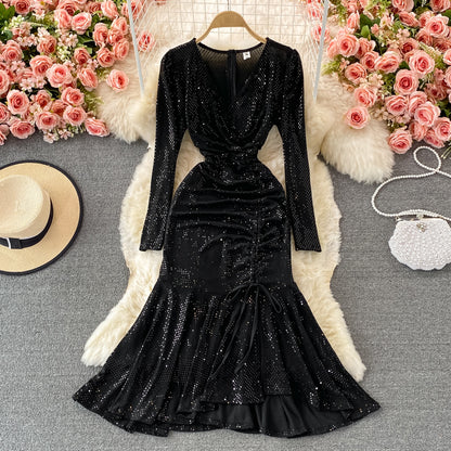 Cute V Neck Sequins Long Sleeve Dress Fashion Dress RF0365