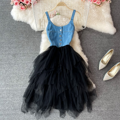 Lovely Denim Patchwork Dress A Line Fashion Dress RF0363