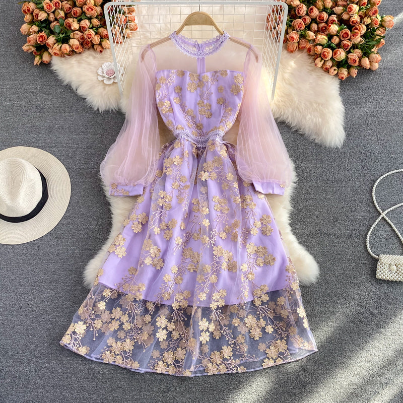 Purple Lace Tulle Long Sleeve Dress Fashion Dress RF0361