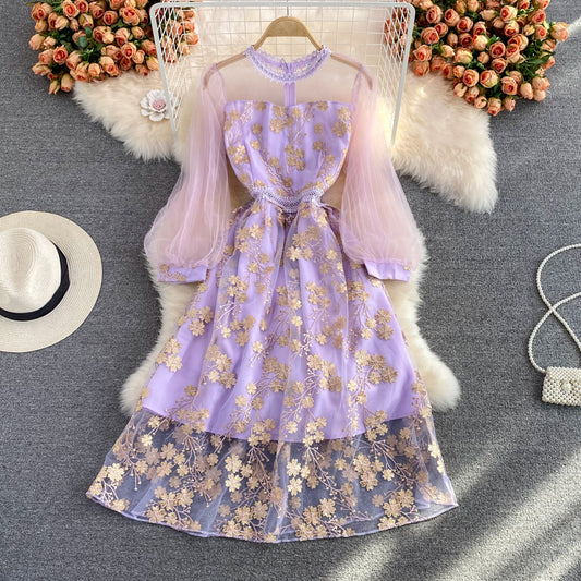 Purple Lace Tulle Long Sleeve Dress Fashion Dress RF0361