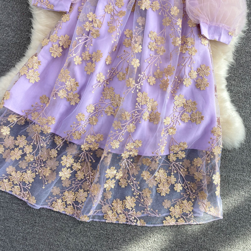 Purple Lace Tulle Long Sleeve Dress Fashion Dress RF0361