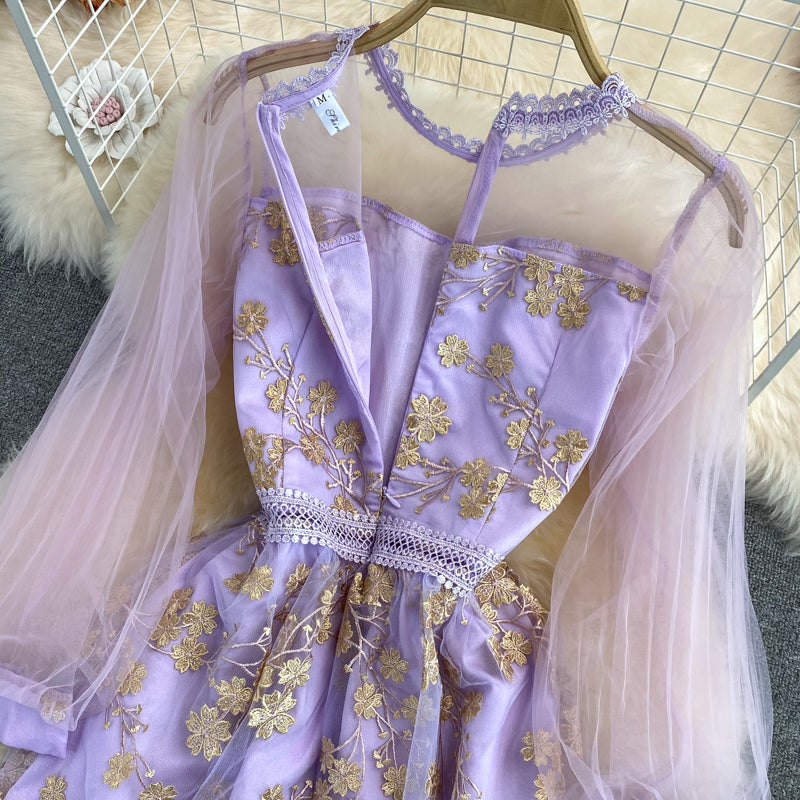 Purple Lace Tulle Long Sleeve Dress Fashion Dress RF0361