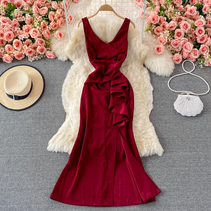 Red V Neck Dress Fashion Dress RF0360