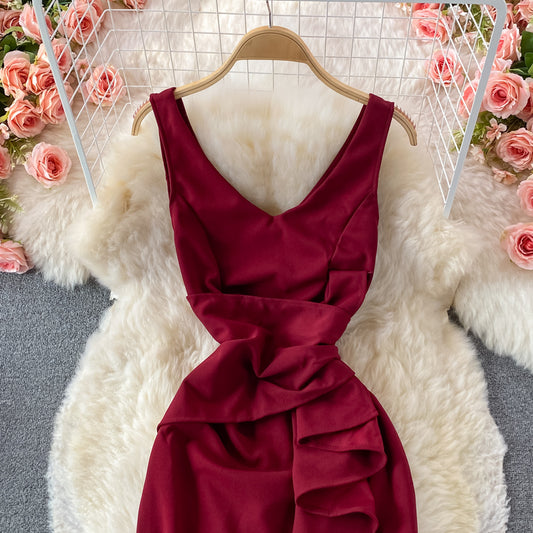 Red V Neck Dress Fashion Dress RF0360