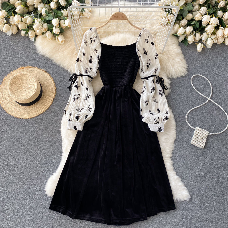 Black Velvet A Line Long Sleeve Dress Fashion Dress RF0356