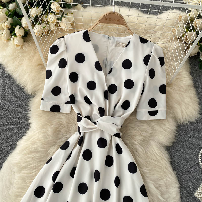 Cute Polka Dot V Neck Short Dress Fashion Dress RF0352