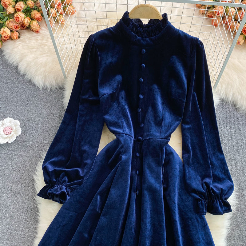 Blue Velvet Long Sleeve Dress Autumn Coat RF0345