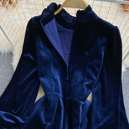 Blue Velvet Long Sleeve Dress Autumn Coat RF0345