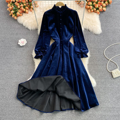Blue Velvet Long Sleeve Dress Autumn Coat RF0345