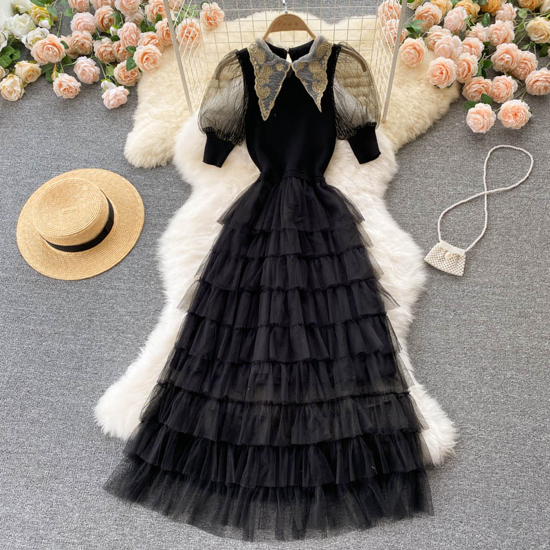 Stylish Black A Line Knitted Patchwork Dress RF0337