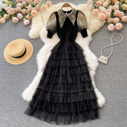 Stylish Black A Line Knitted Patchwork Dress RF0337