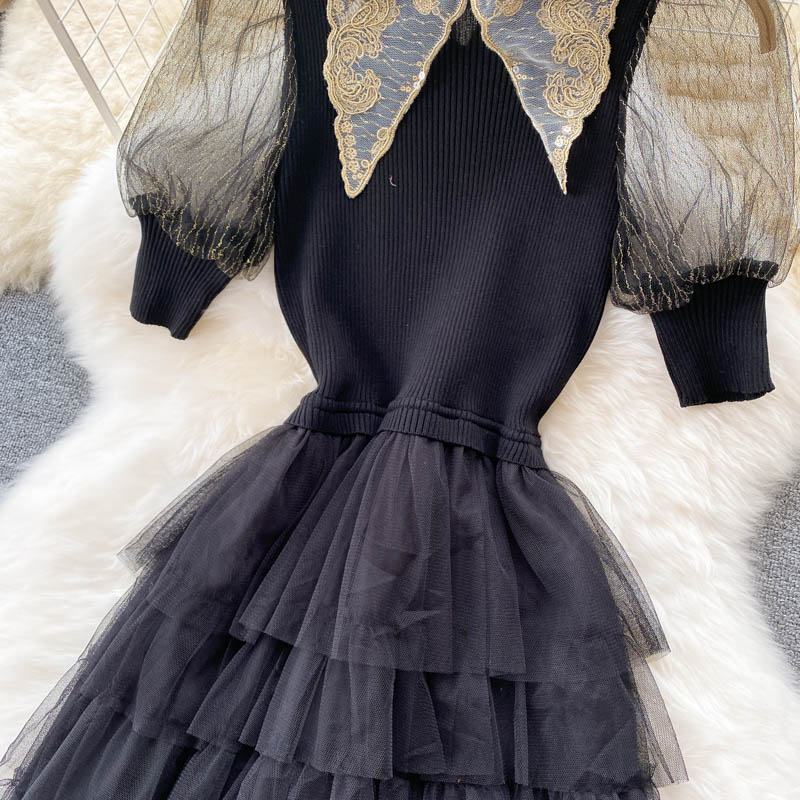 Stylish Black A Line Knitted Patchwork Dress RF0337