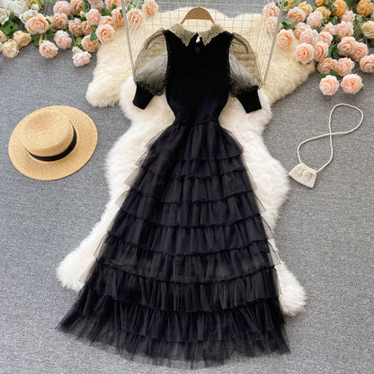 Stylish Black A Line Knitted Patchwork Dress RF0337