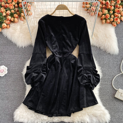Black V Neck Short Dress Black Fashion Dress RF0326