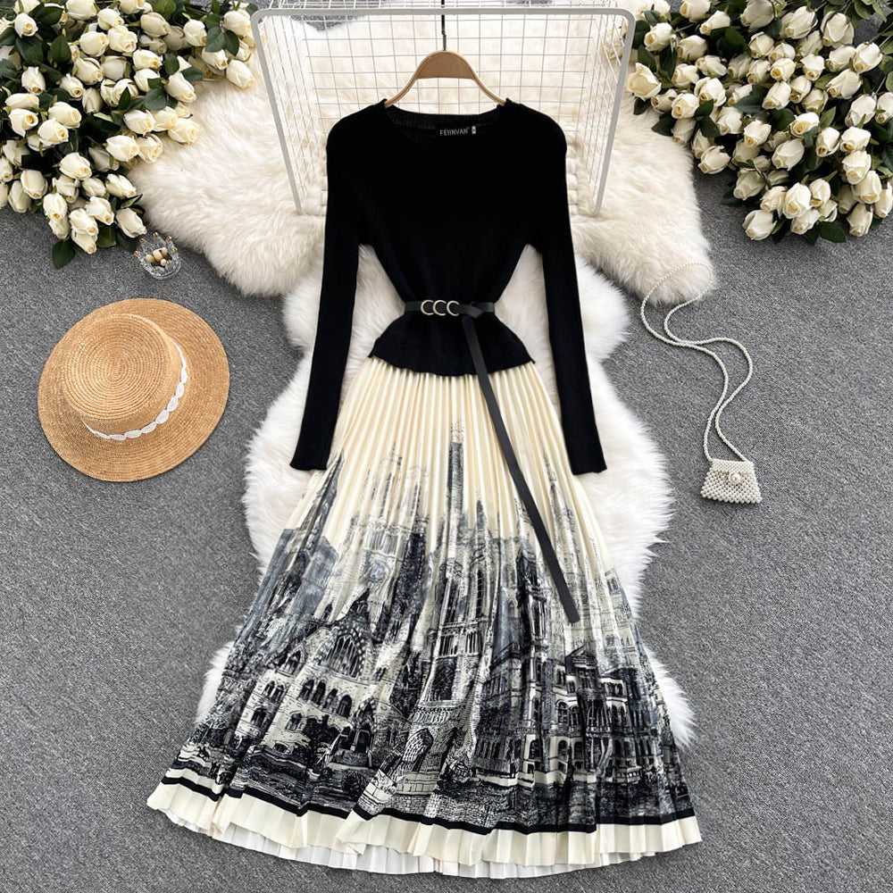 Black A Line Knitted Panel Dress Black Long Sleeve Dress RF0318