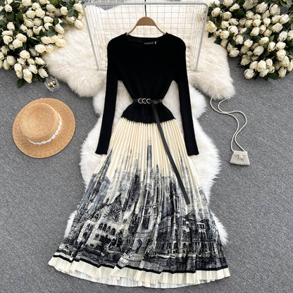 Black A Line Knitted Panel Dress Black Long Sleeve Dress RF0318