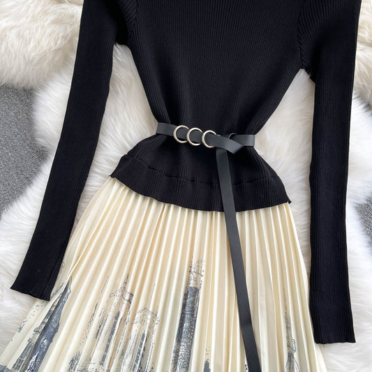 Black A Line Knitted Panel Dress Black Long Sleeve Dress RF0318