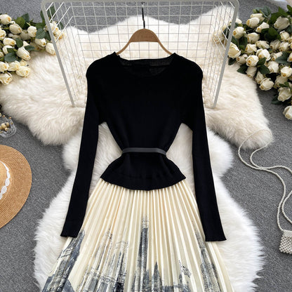 Black A Line Knitted Panel Dress Black Long Sleeve Dress RF0318