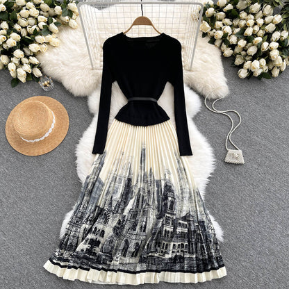 Black A Line Knitted Panel Dress Black Long Sleeve Dress RF0318
