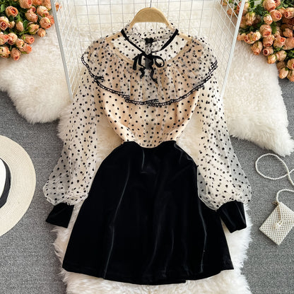 Cute Polka Dot Stitching Long-sleeved Dress RF0316